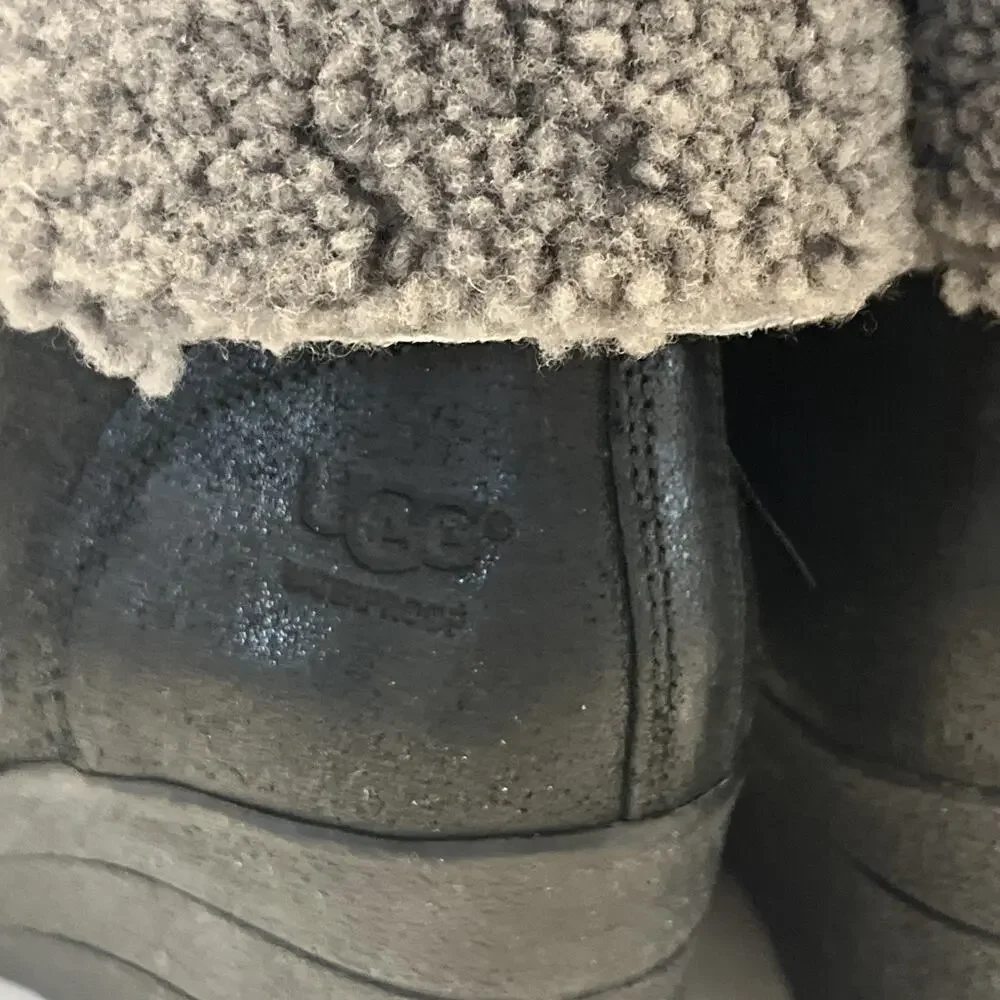 UGG Australia Winter Boots Women's Size 7 Zea Wedge Black Leather Sheepskin Cuff